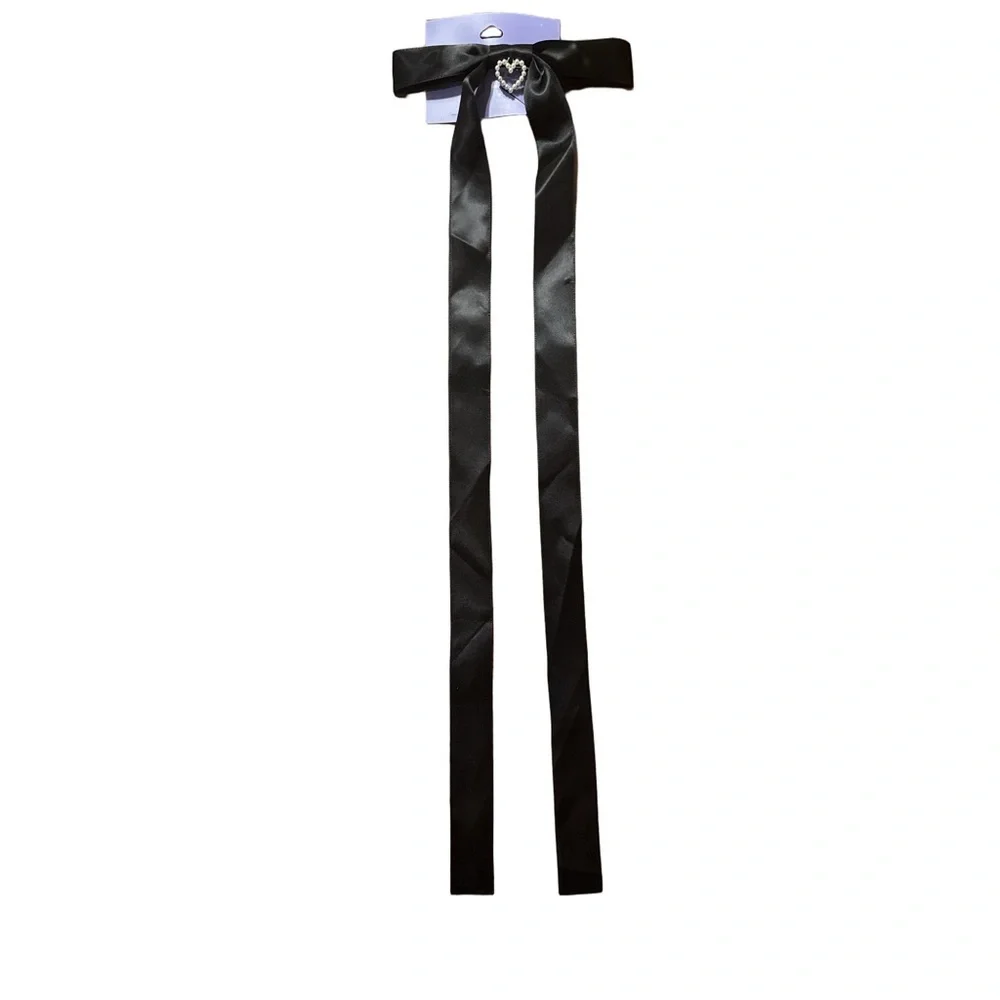 Claire's Black Satin Hair Ribbon with Heart Charm